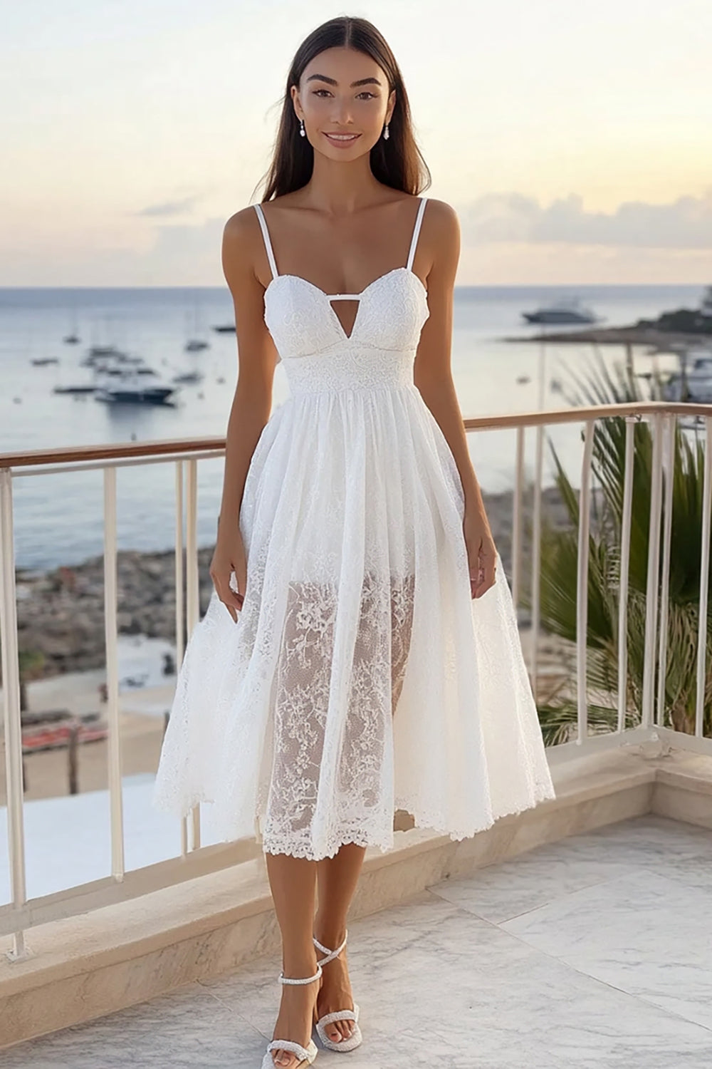 White Lace A Line Spaghetti Straps Log Graduation Dress