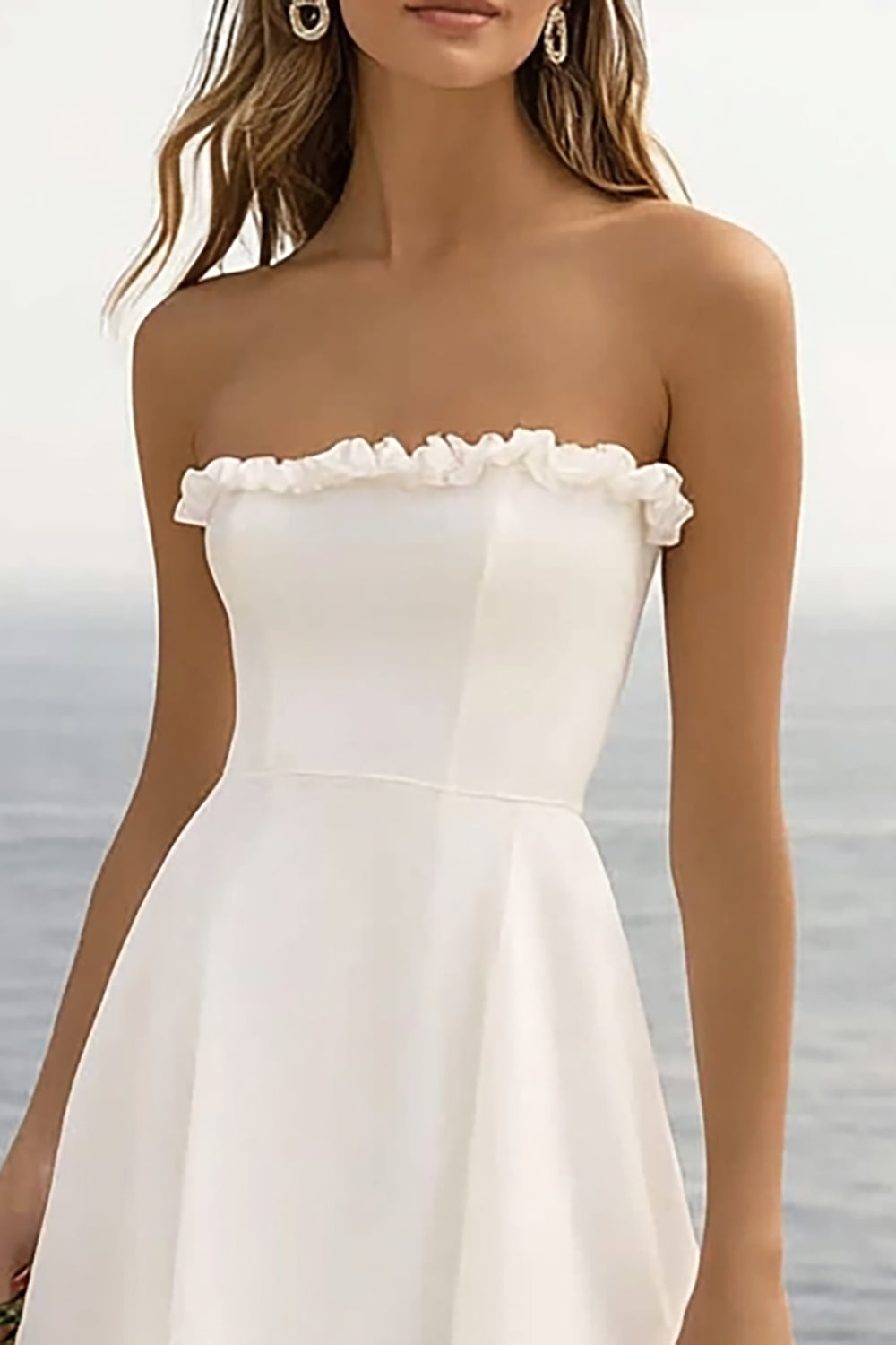 White Chiffon A Line Asymmetrical Strapless Engagement Dress