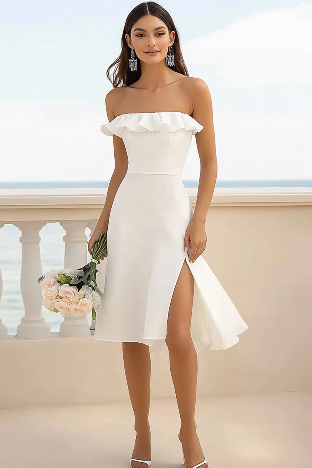 White Satin Sheath Strapless Short Graduation Dress with Slit