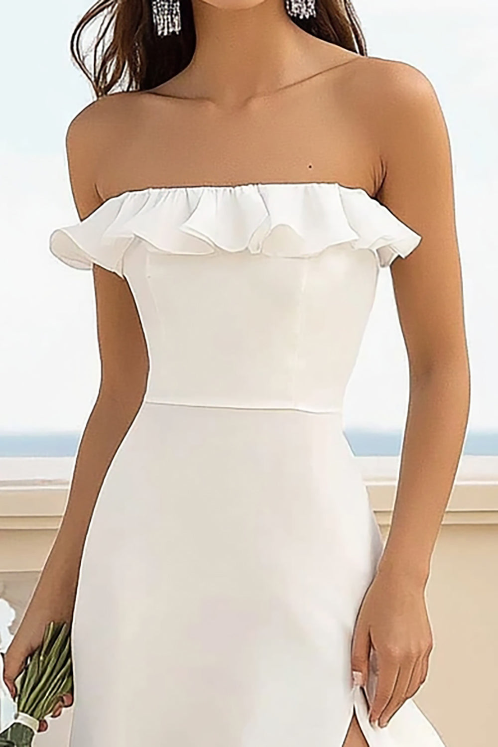 White Satin Sheath Strapless Short Graduation Dress with Slit