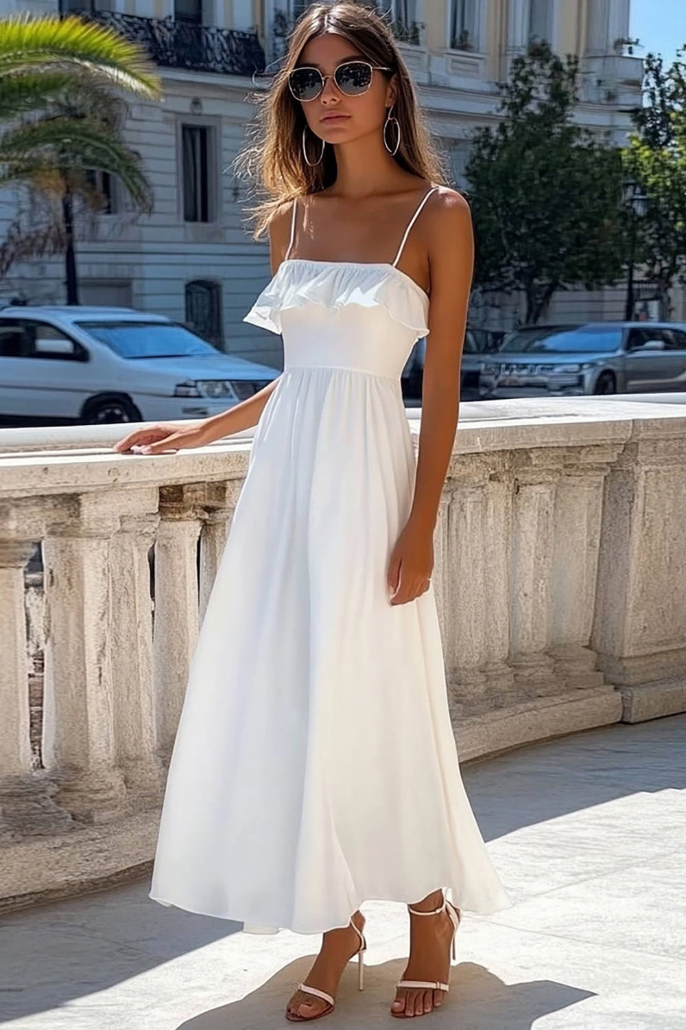 White A Line Boho Spaghetti Straps Long Maxi Dress with Ruffles