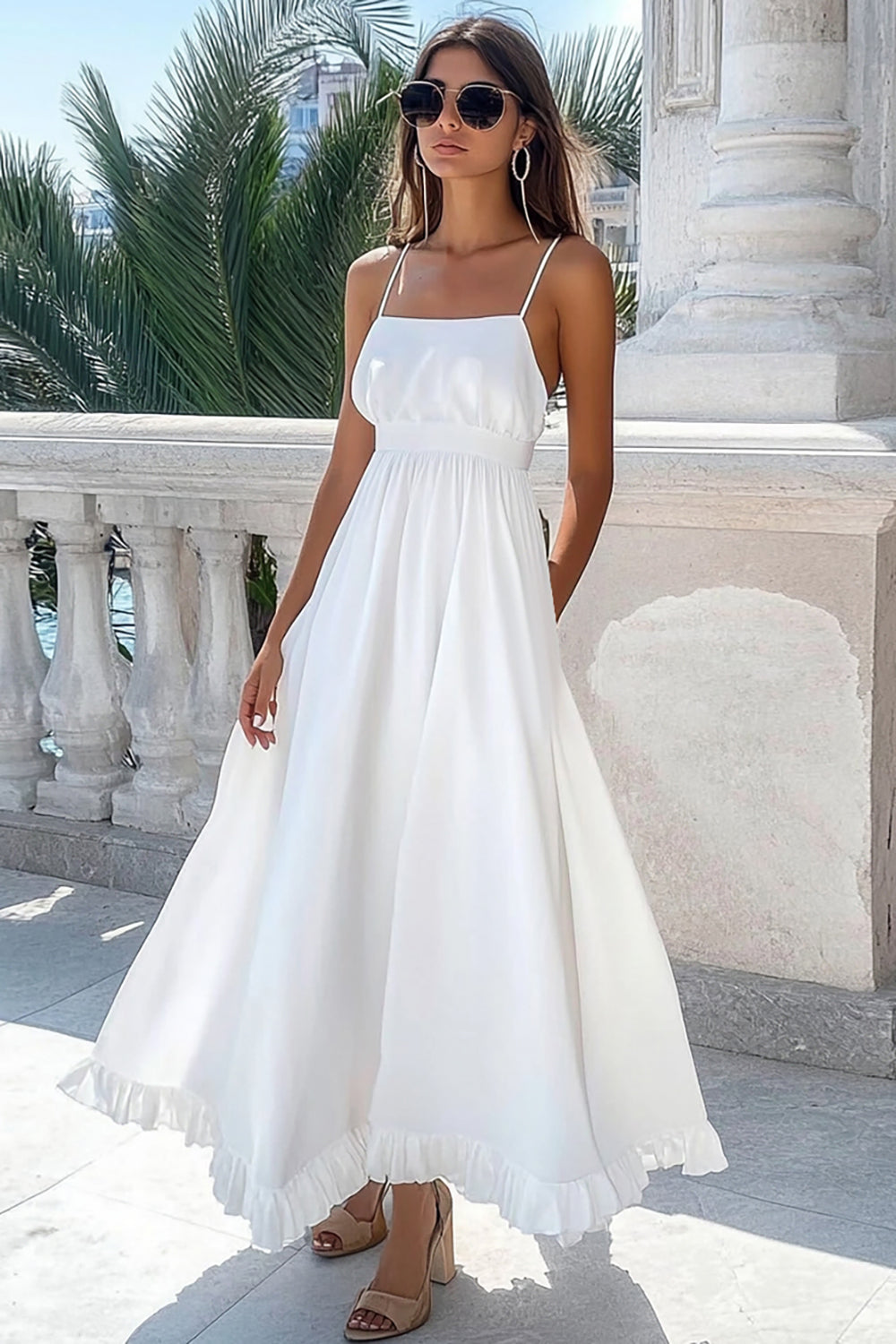 White A Line Spaghetti Straps Boho Maxi Dress with Ruffles