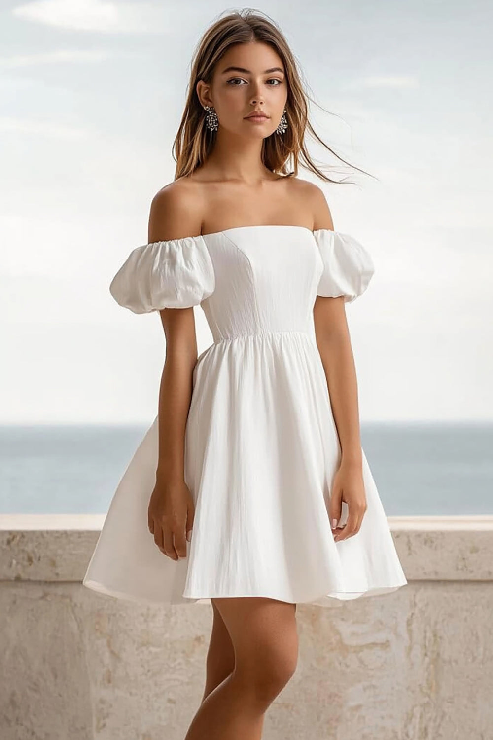 Cute White Puff Sleeves A Line Short Graduation Dress