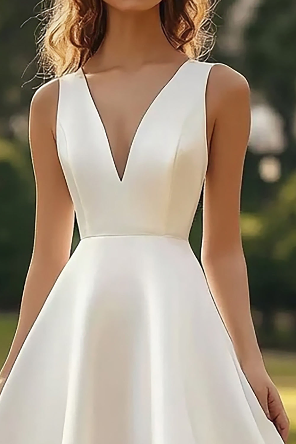 White V-Neck Satin A Line Long Graduation Dress