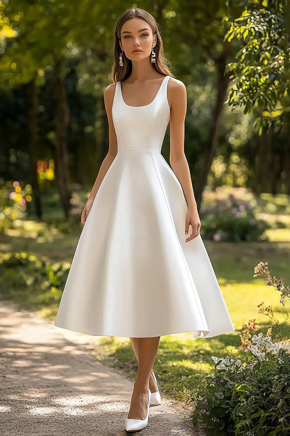 White Satin Scoop Neck A Line Long Graduation Dress
