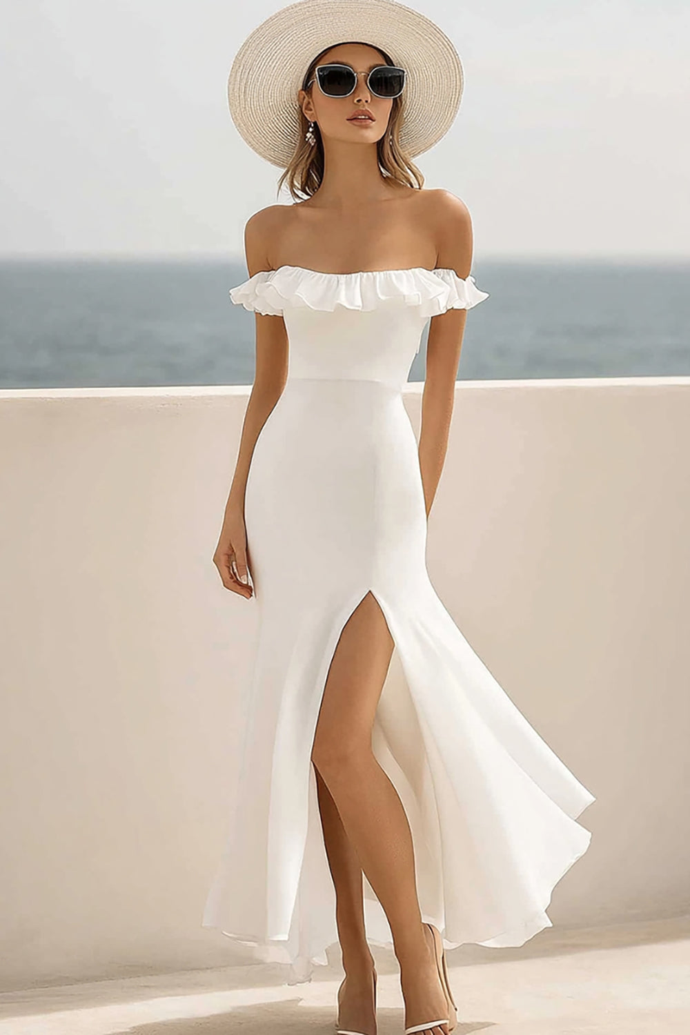 White Chiffon Mermaid Long Engagement Dress with Slit