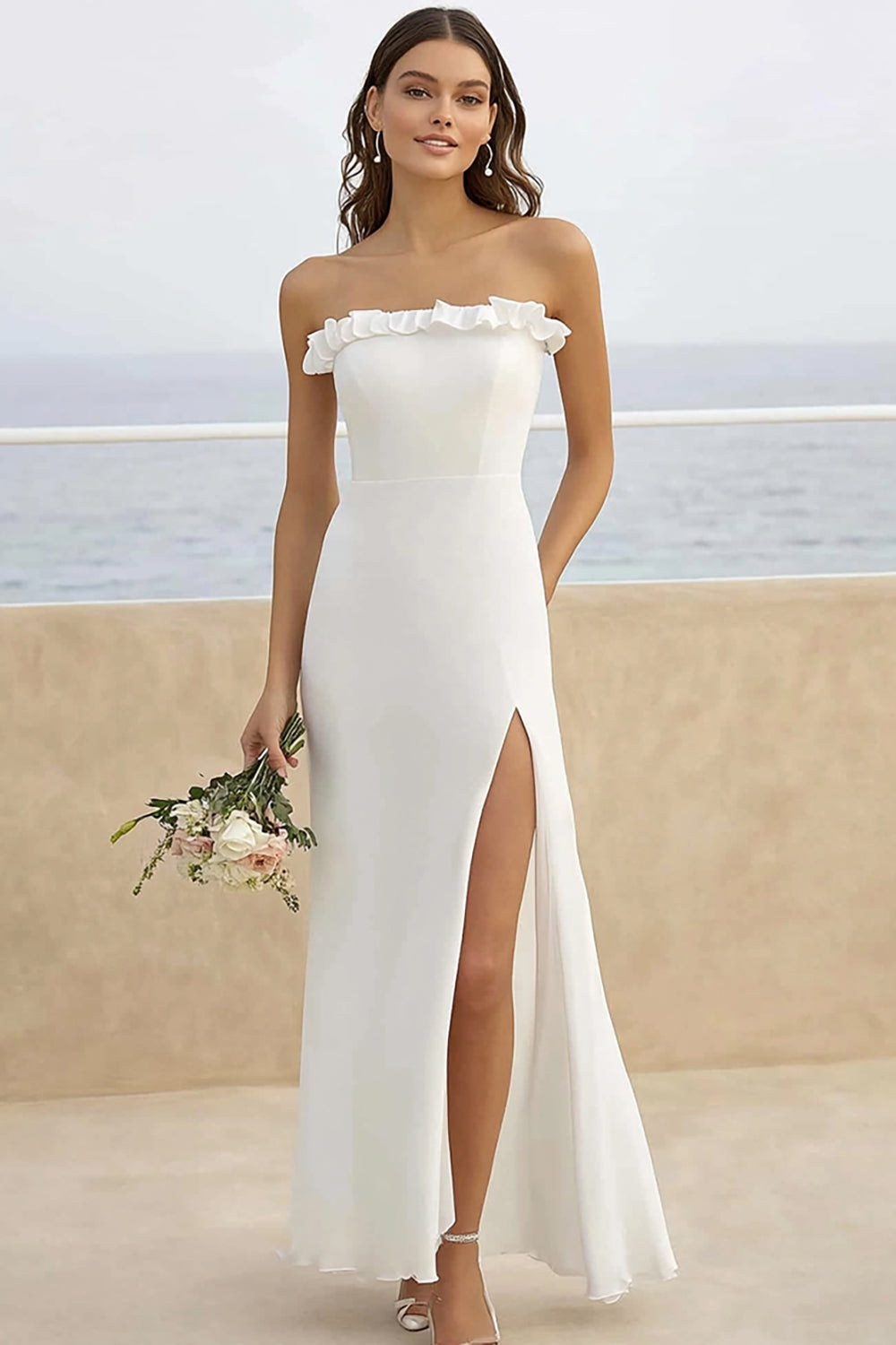 White Chiffon Sheath Strapless Long Engagement Dress with Slit
