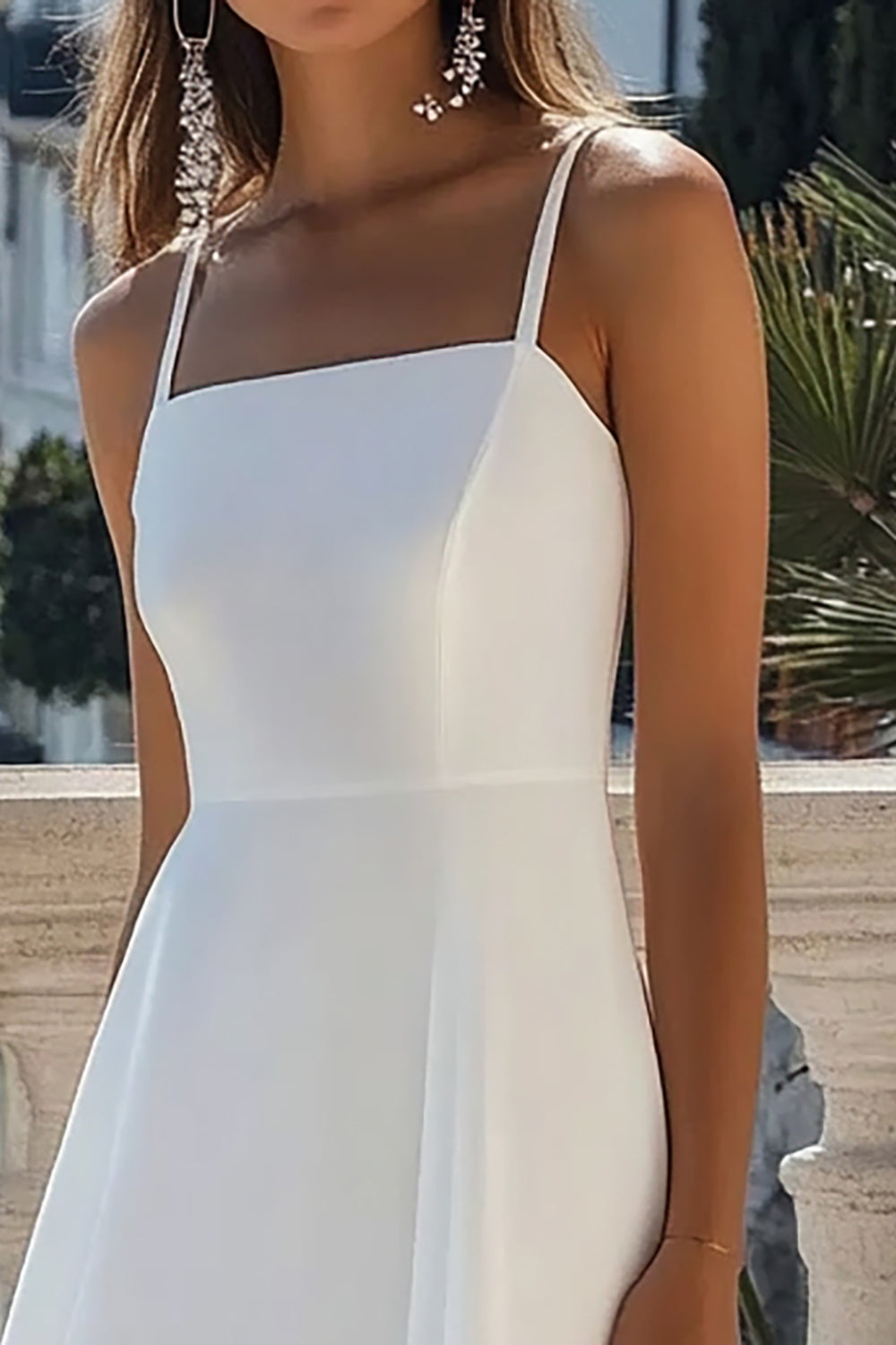 White A Line Spaghetti Straps Long Satin Graduation Dress