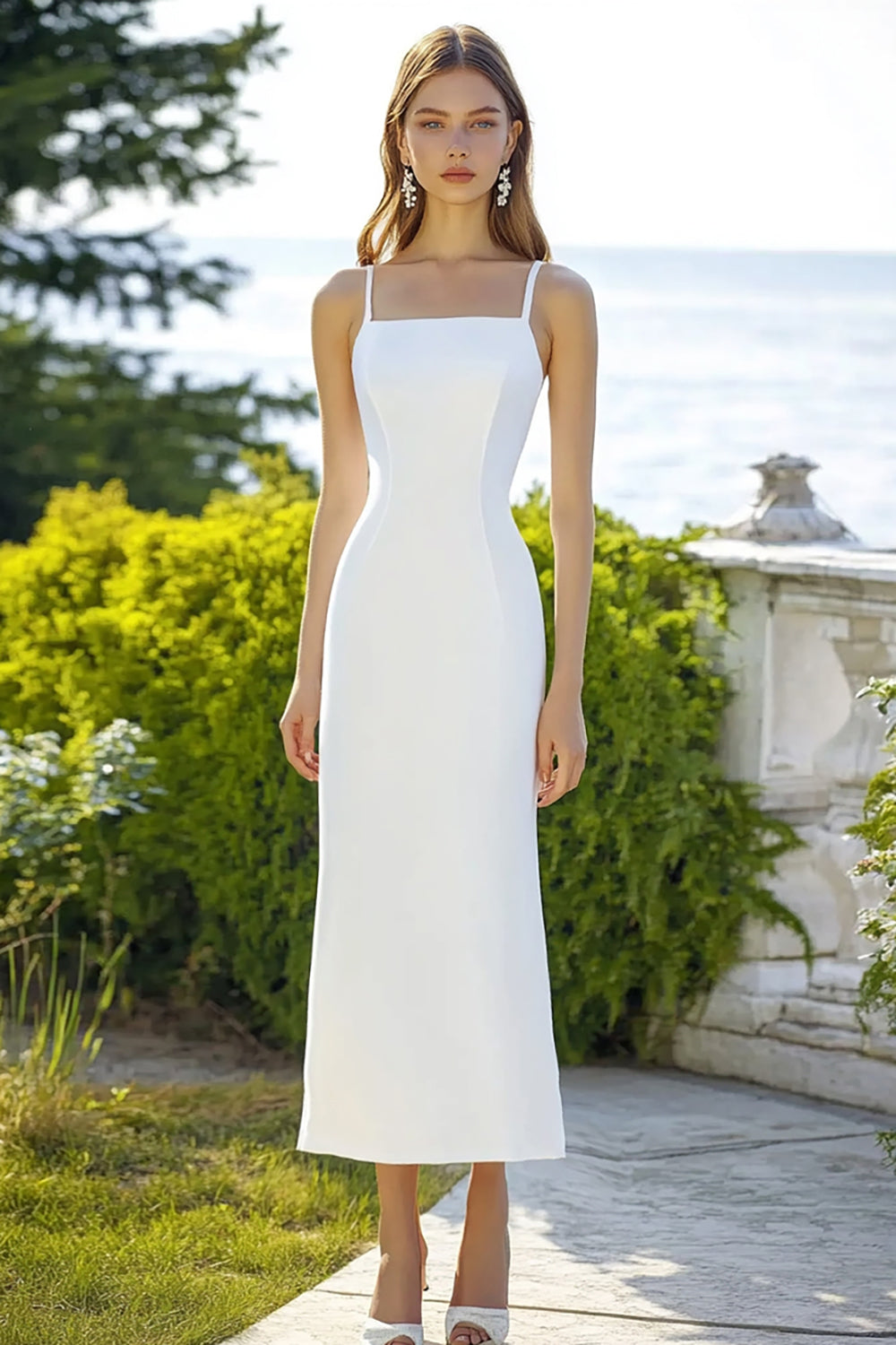 White Sheath Spaghetti Straps Long Satin Engagement Dress
