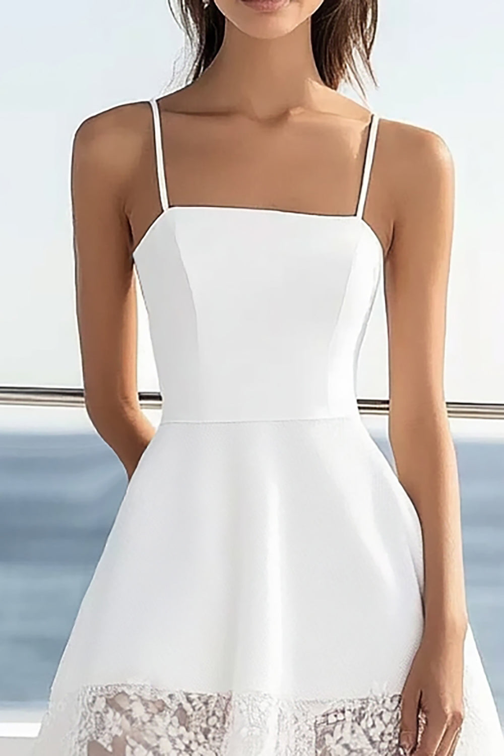 White Satin A Line Spaghetti Straps Short Graduation Dress with Lace