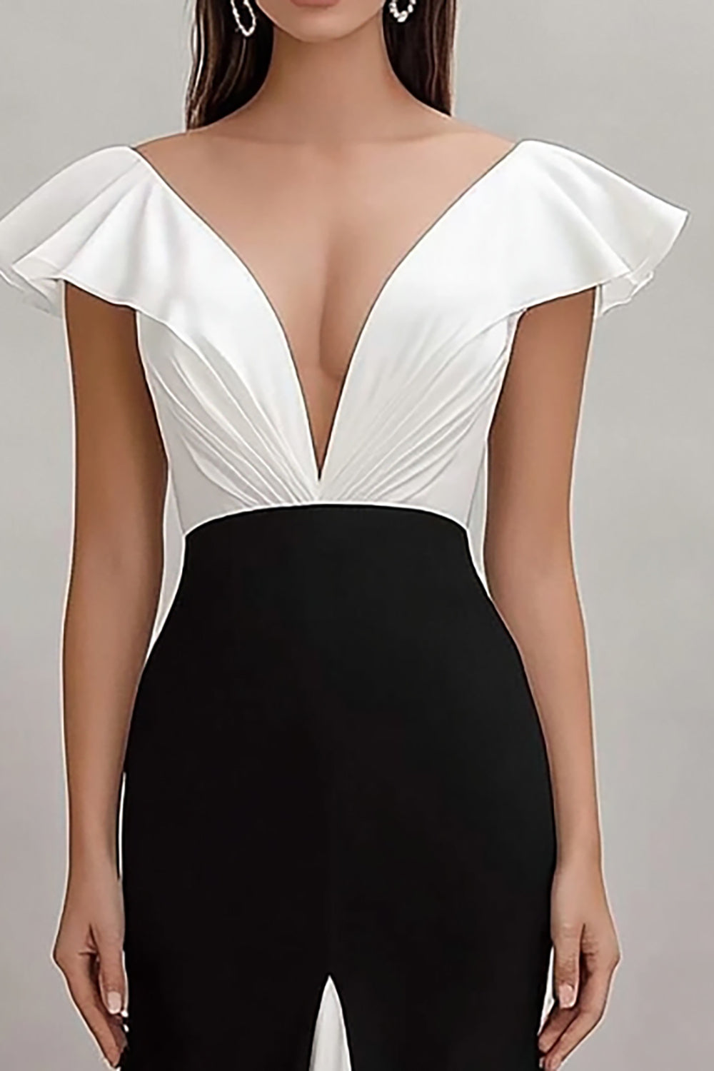 Black White V-Neck Ruffled Sheath Long Formal Dress
