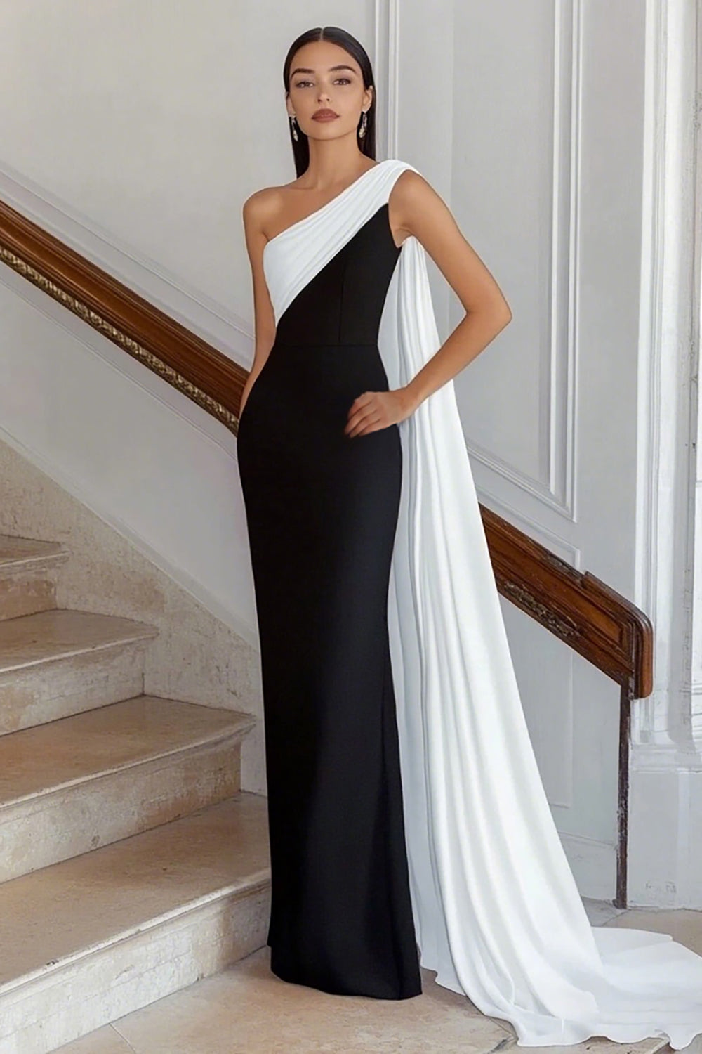 Black White Sheath One Shoulder Satin Long Formal Dress with Side Cape