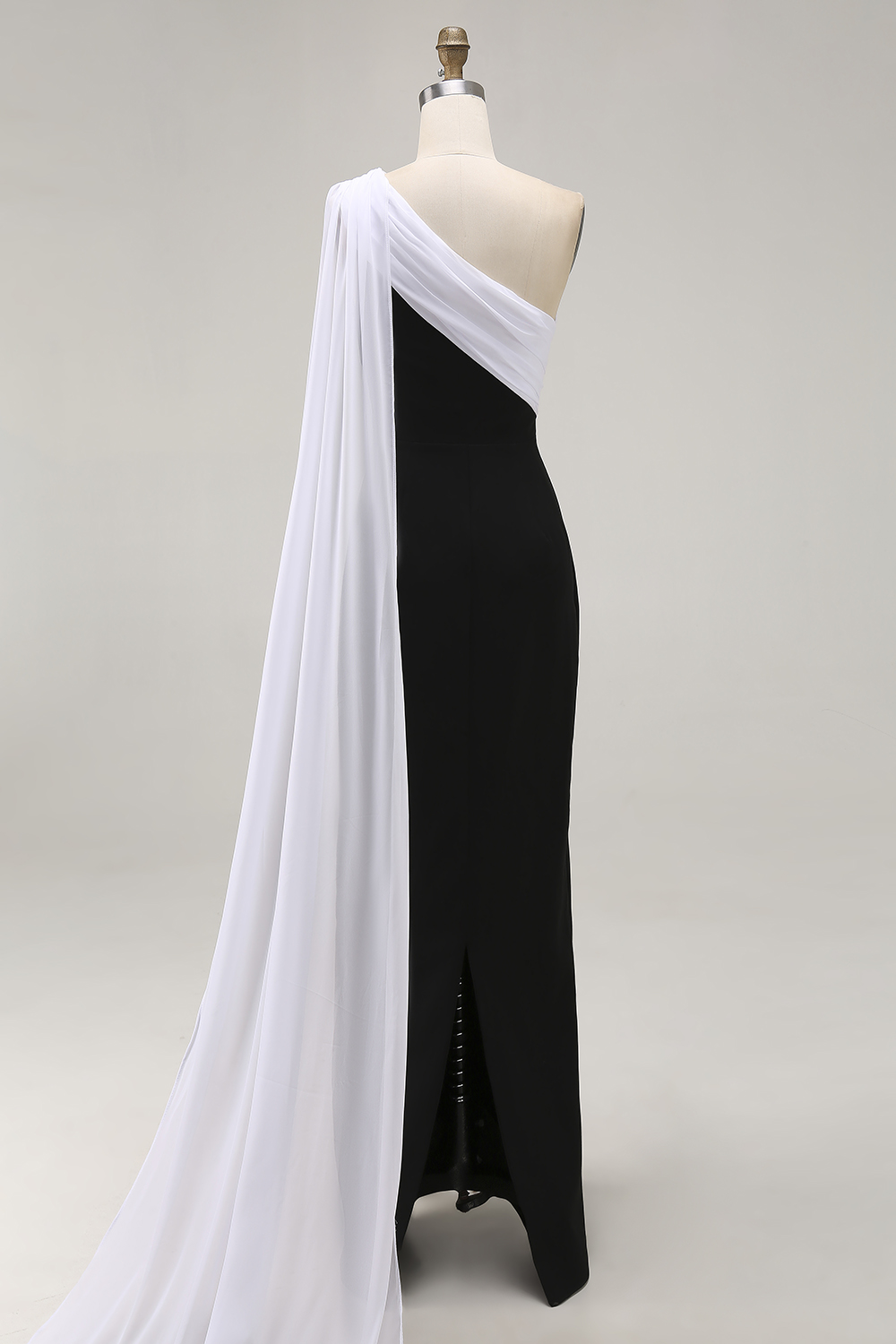 Black White Sheath Satin One Shoulder Long Formal Dress with Side Cape