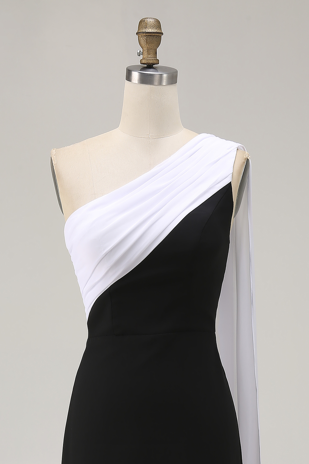 Black White Sheath Satin One Shoulder Long Formal Dress with Side Cape