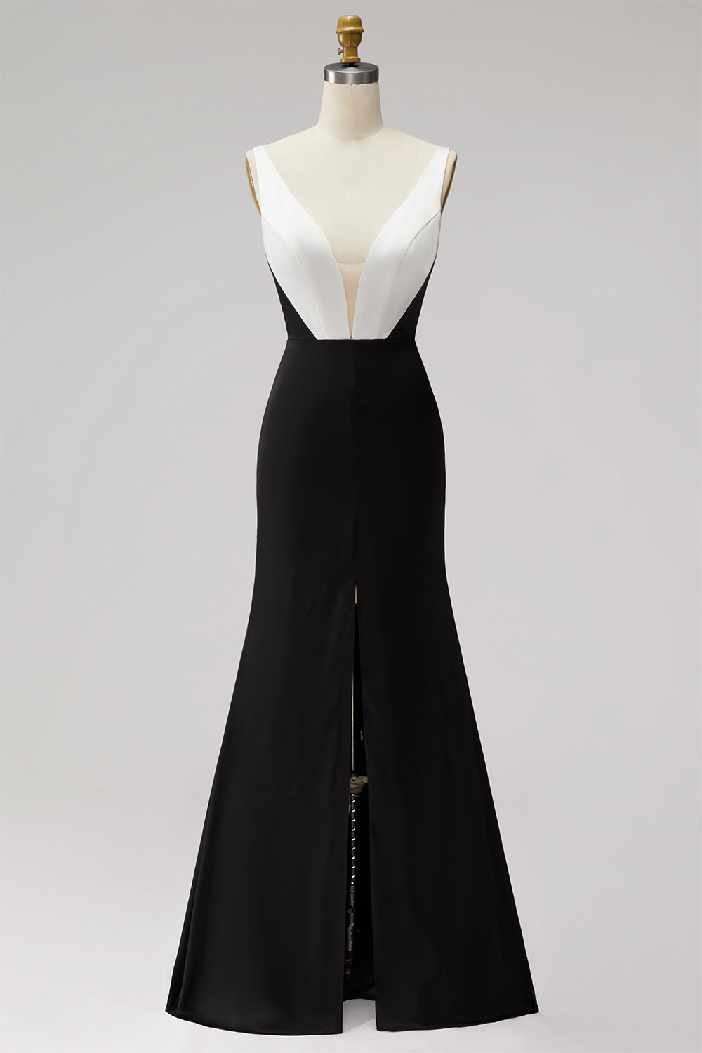Black and White Deep V-Neck Satin Long Sheath Formal Dress with Slit