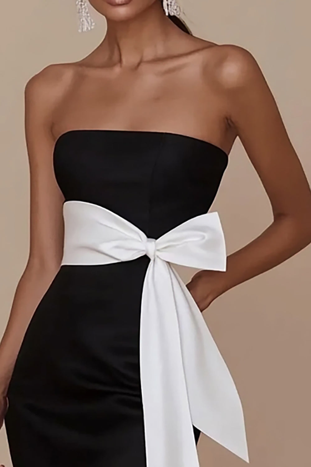 Black White Sheath Strapless Long Satin Formal Dress with Sash