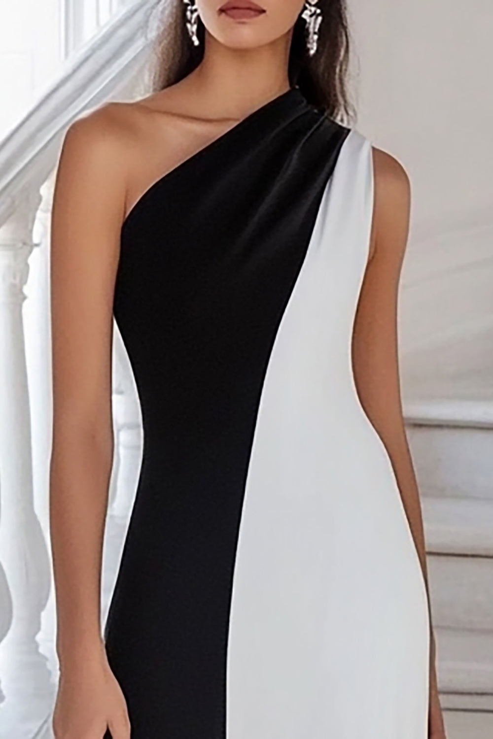 Black White One Shoulder Sheath Long Formal Dress