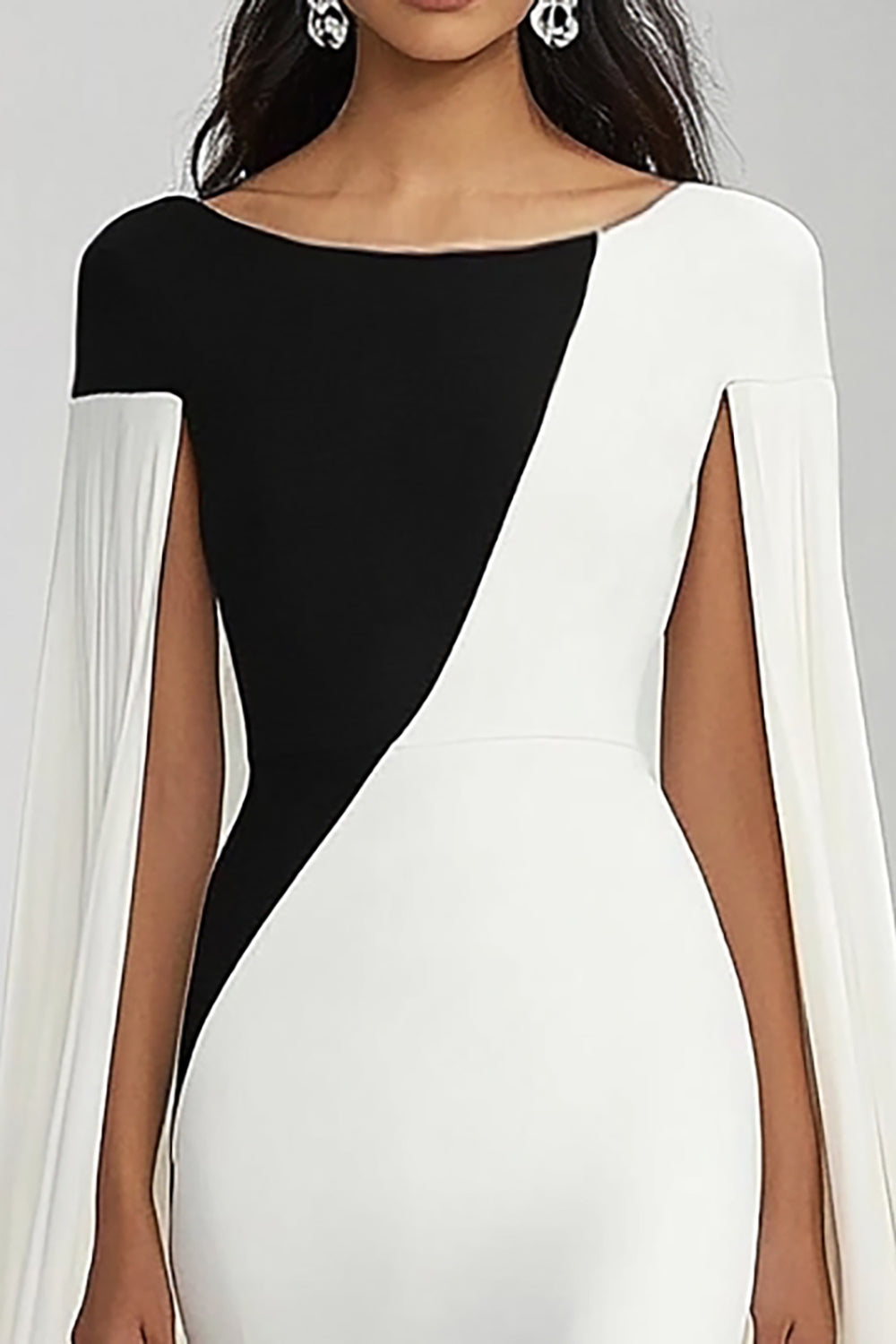 Black White Boat Neck Sheath Long Formal Dress with Cape