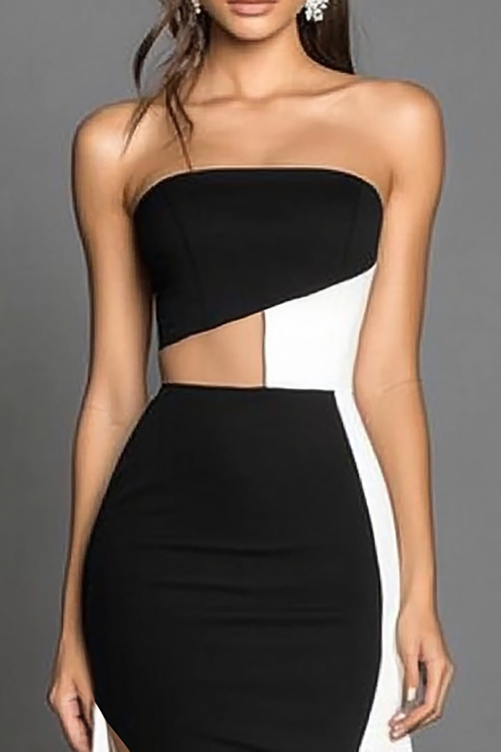 Black White Satin Sheath Strapless Long Formal Dress with Slit