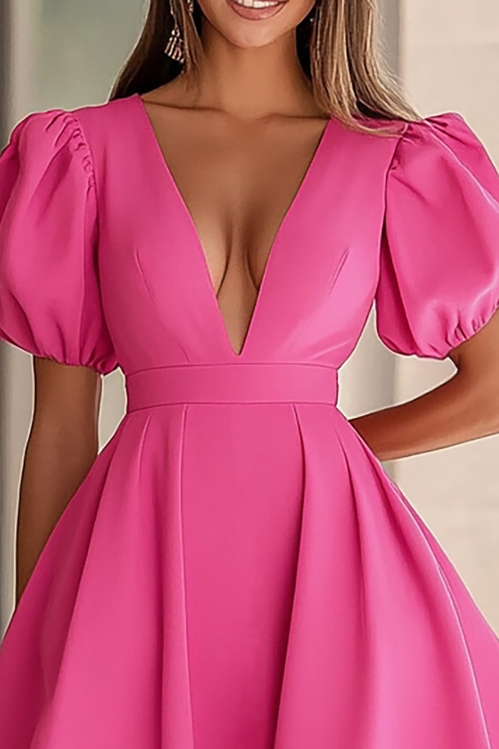 Fuchsia A Line V-Neck Puff Sleeves Short Cocktail Dress