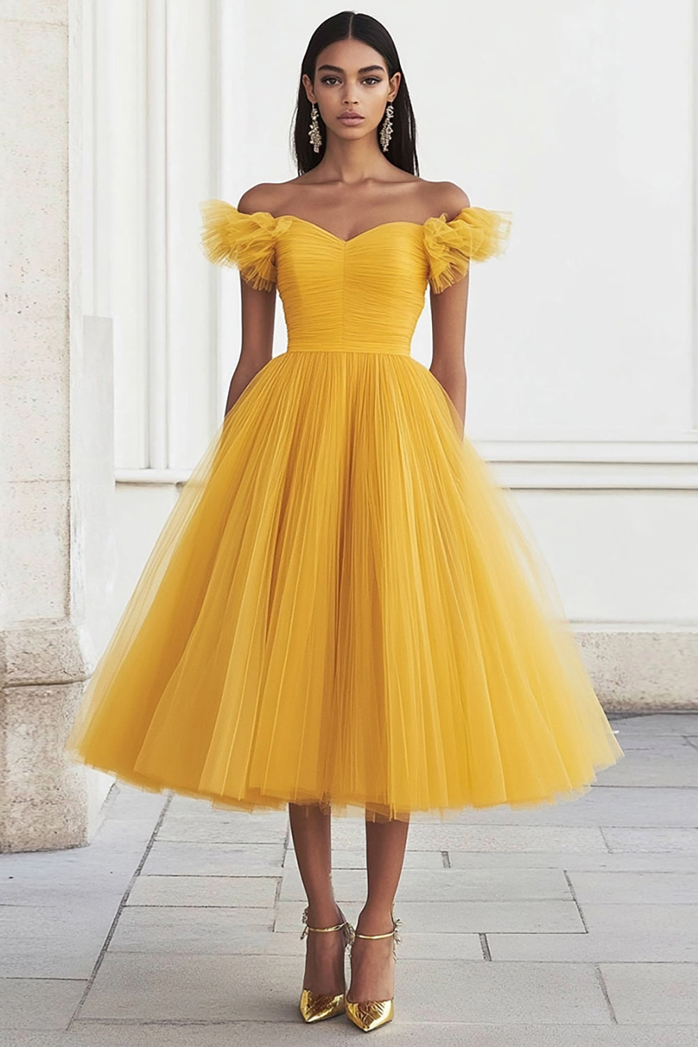 Yellow A Line Tulle Off the Shoulder Formal Dress