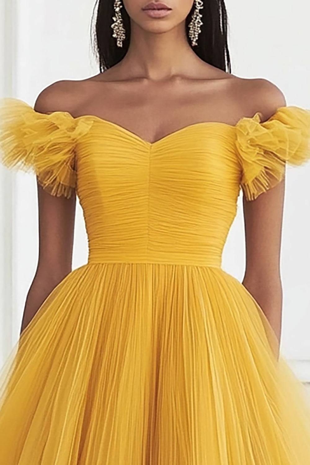 Yellow A Line Tulle Off the Shoulder Formal Dress