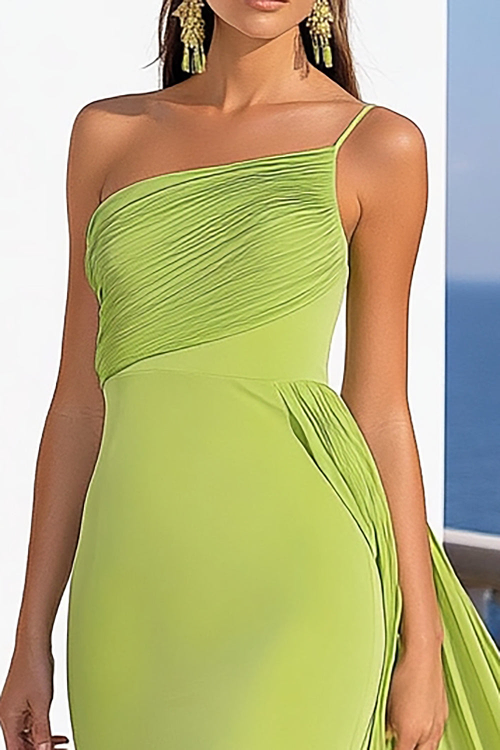 Lemon Green One Shoulder Mermaid Long Chiffon Formal Dress