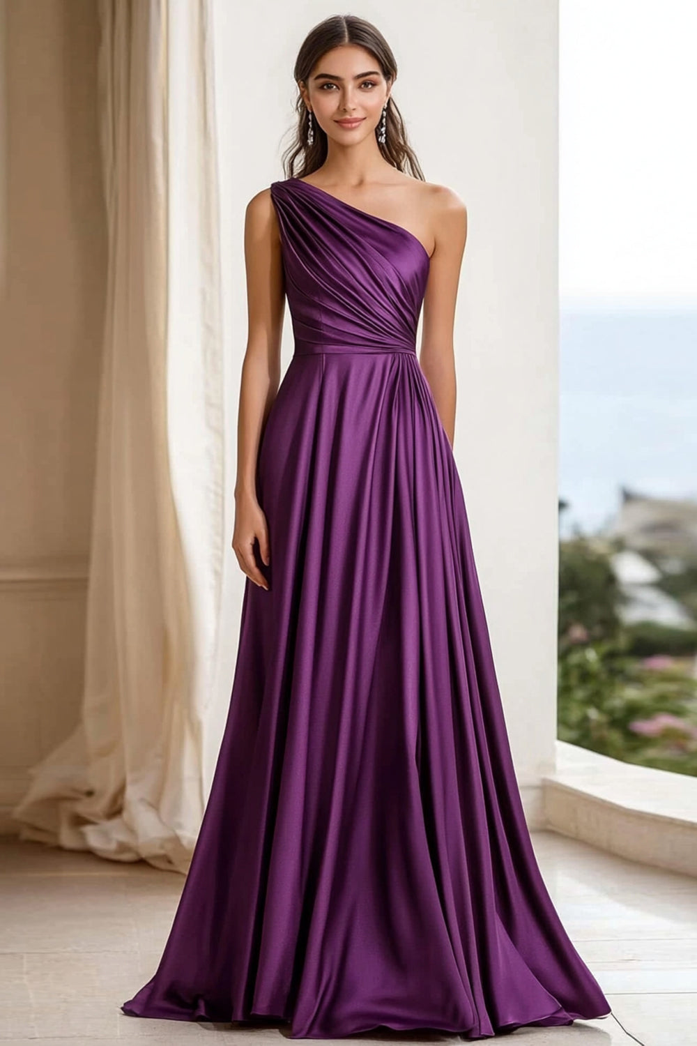 Elegant Plum Ruched One Shoulder Long Satin Formal Dress