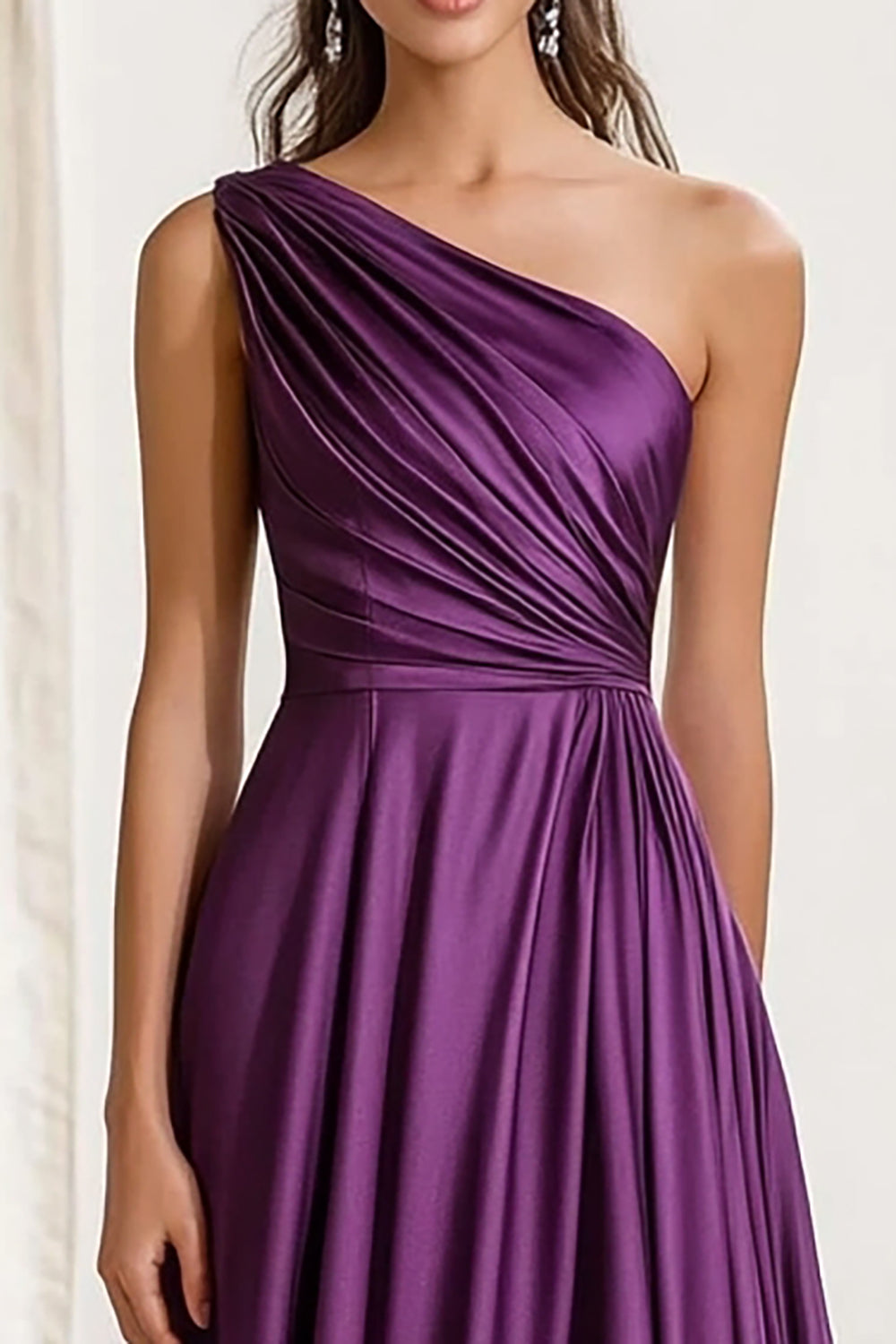 Elegant Plum Ruched One Shoulder Long Satin Formal Dress