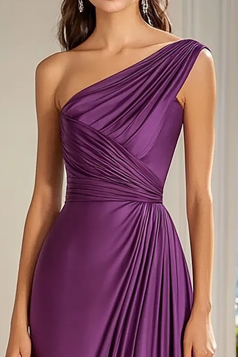 Plum A Line One Shoulder Satin Long Formal Dress