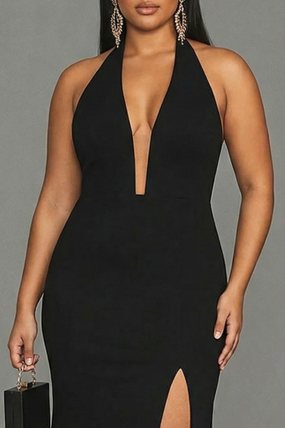 Plus Size Black Mermaid Halter Long Formal Dress with Slit