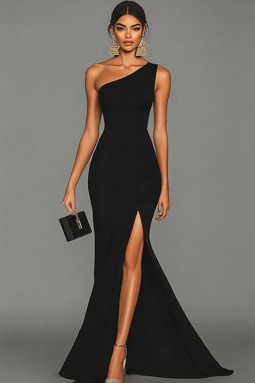 Hellymoon Women Elegant Black Long Satin Formal Dress with Slit One Shoulder Mermaid Black Tie Dress