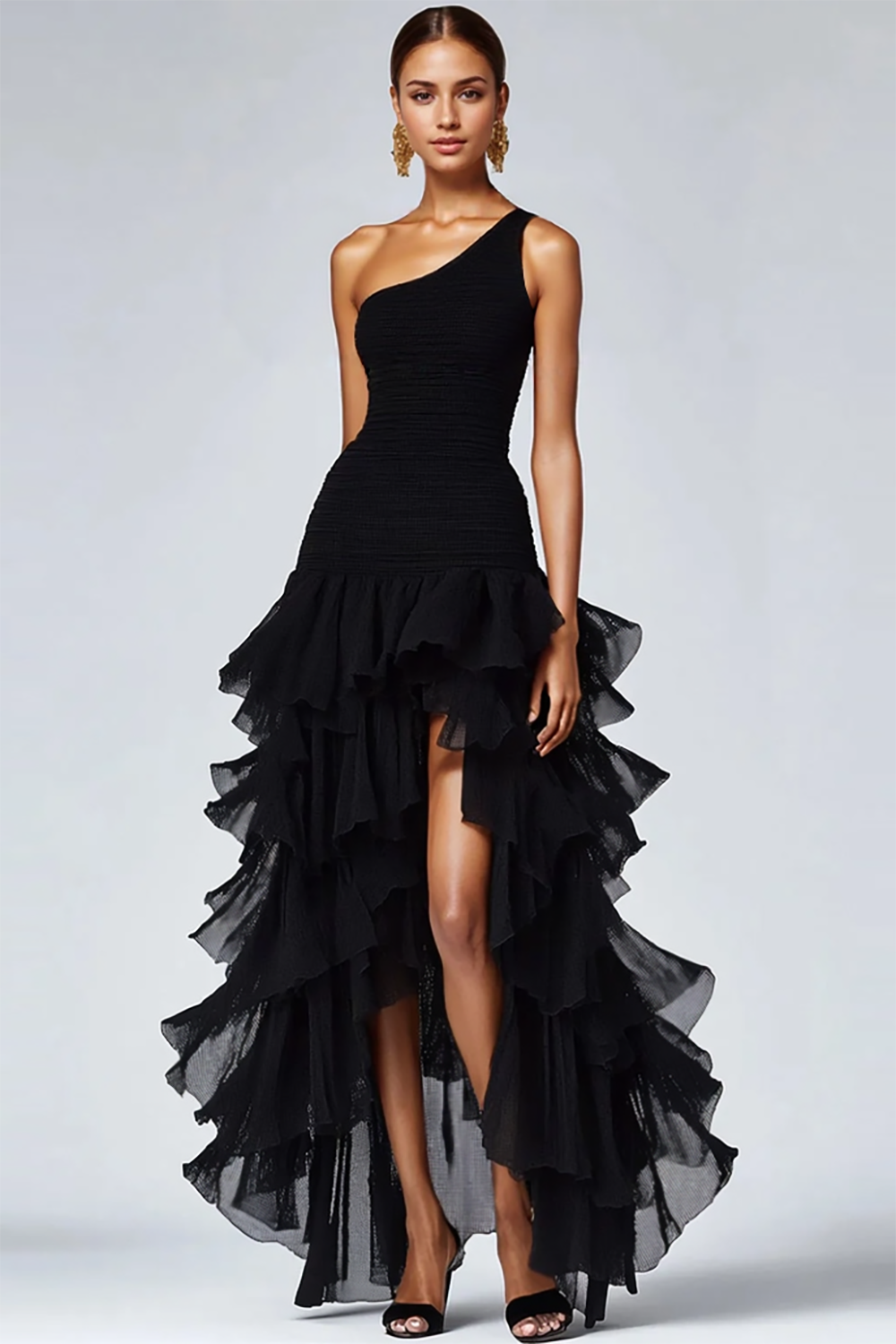 Organza High Low Long Formal Dress with Ruffles A Line One Shoulder Black Tie Dress