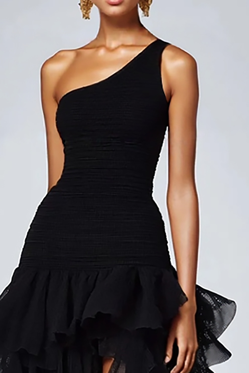 Organza A Line One Shoulder Tiered Long Black Tie Dress
