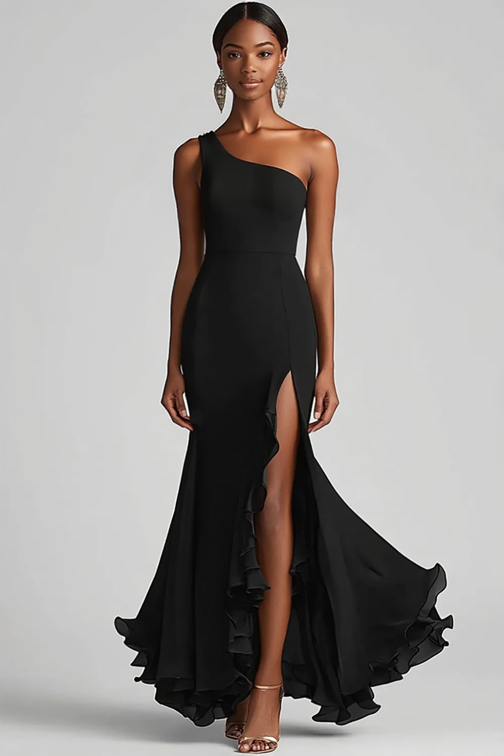 Flowy Black One Shoulder Long Chiffon Formal Dress with Slit