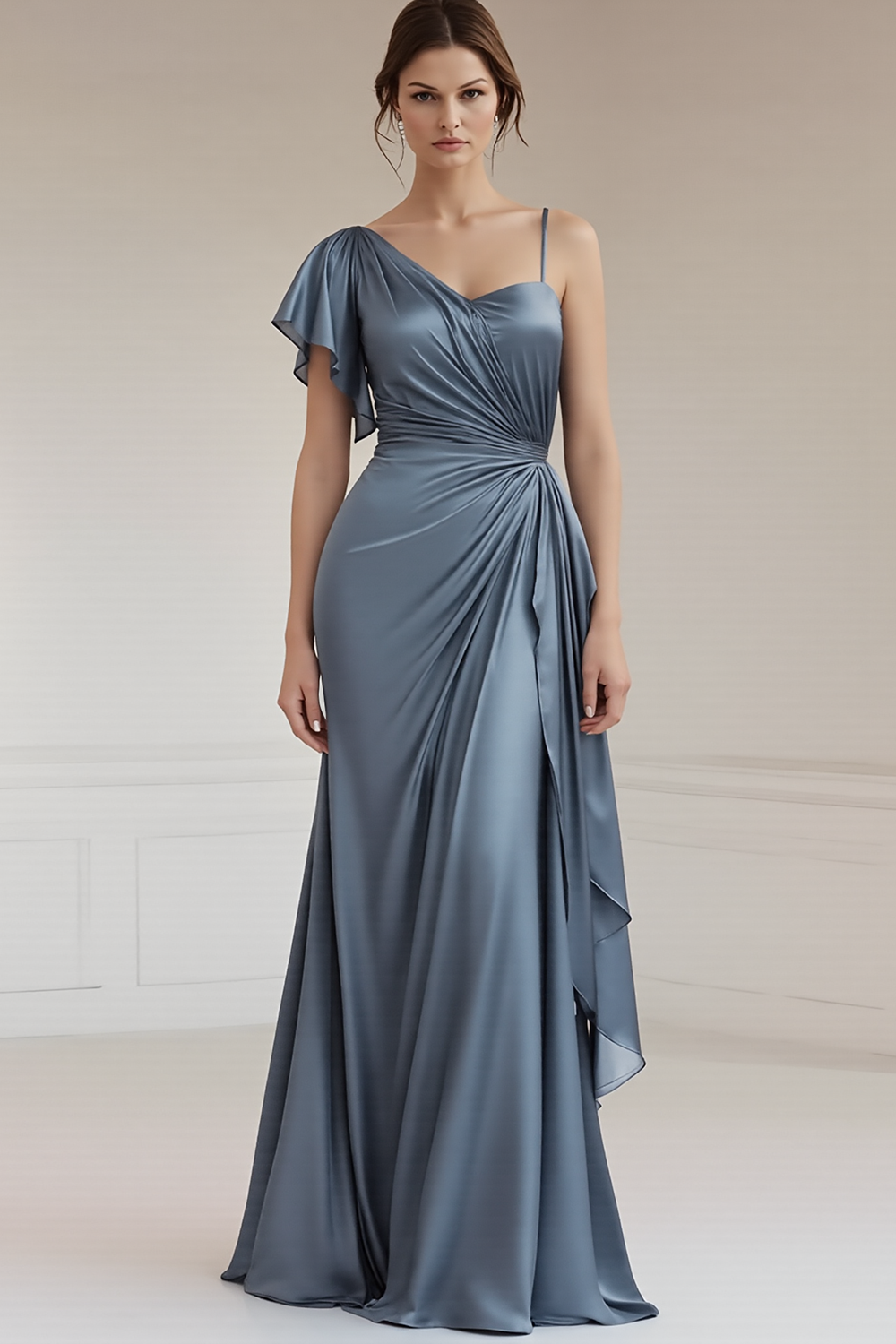 Grey Blue Sheath Asymmetrical Neck Long Satin Formal Dress
