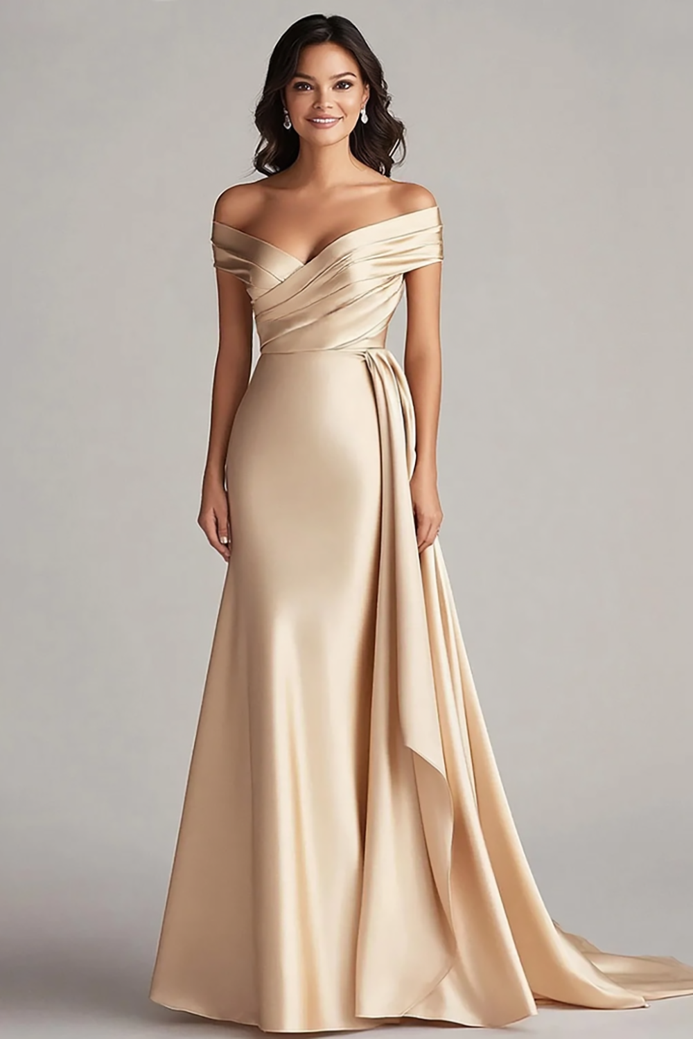 Elegant Champagne Off the Shoulder Mermaid Long Satin Formal Dress