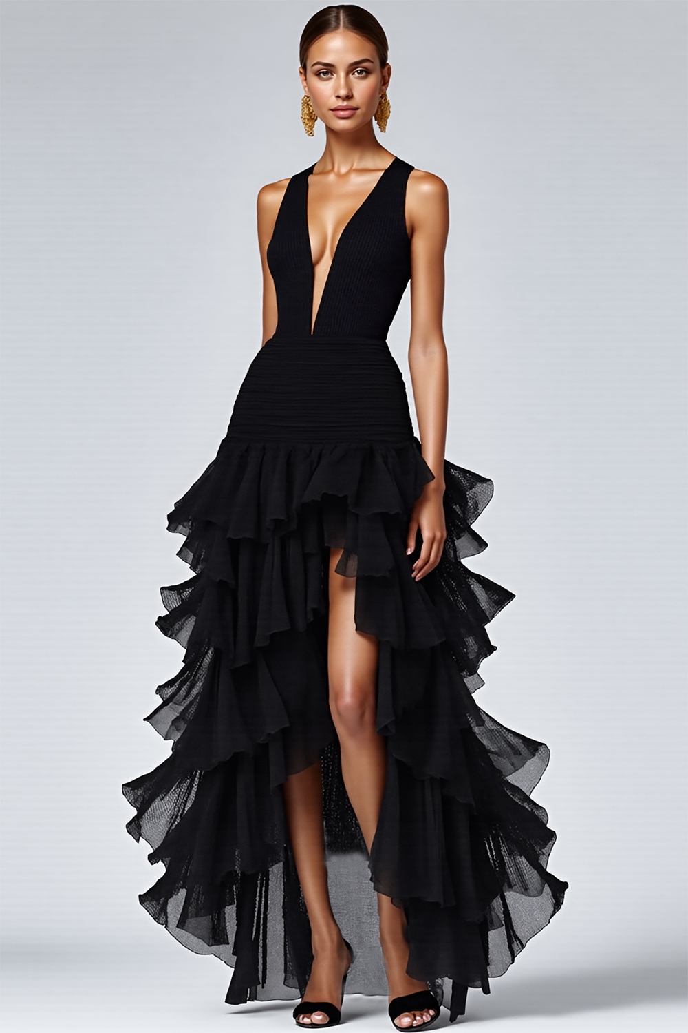 Black A Line V-Neck Tiered Sleeveless Long Formal Dress with Slit