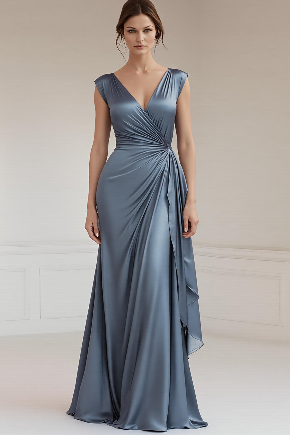 Grey Blue Sheath V-Neck Long Ruched Formal Dress with Ruffles