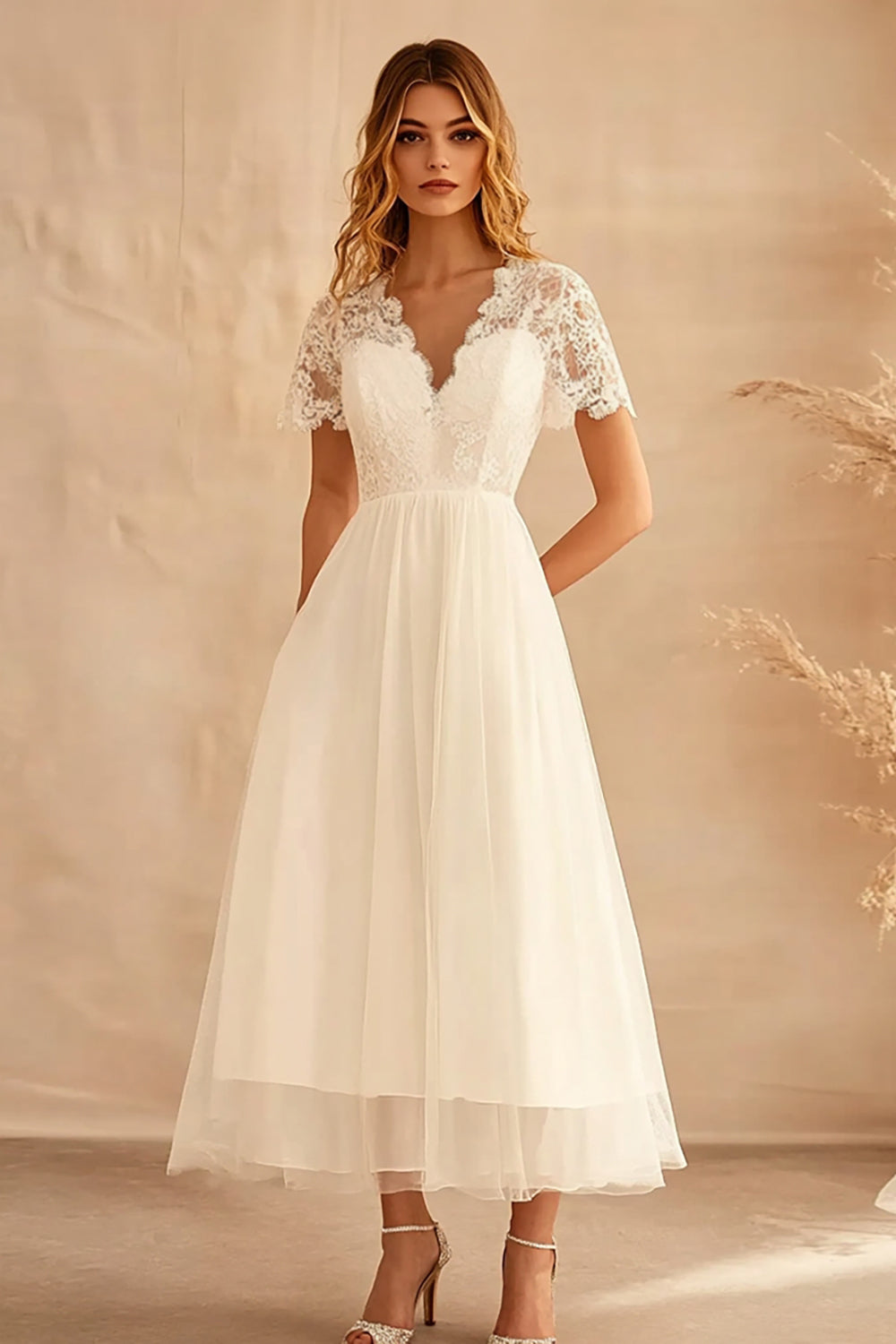 Ivory V Neck A Line Chiffon Long Engagement Dress with Lace