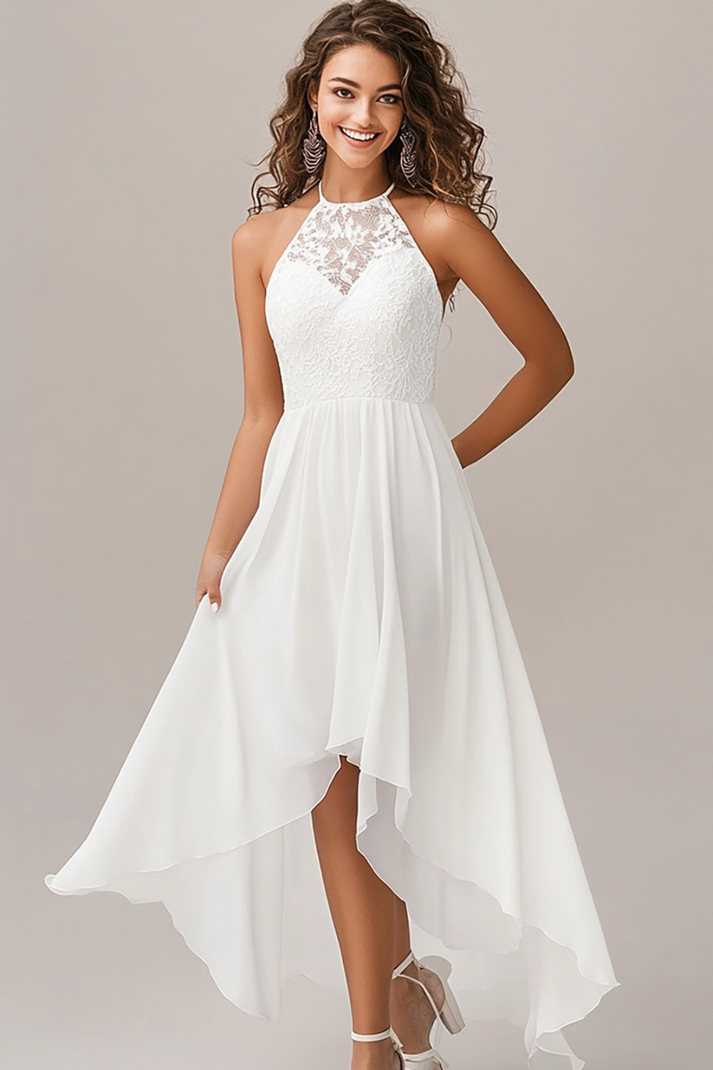 White Chiffon Asymmetrical A Line Long Engagement Dress with Appliques
