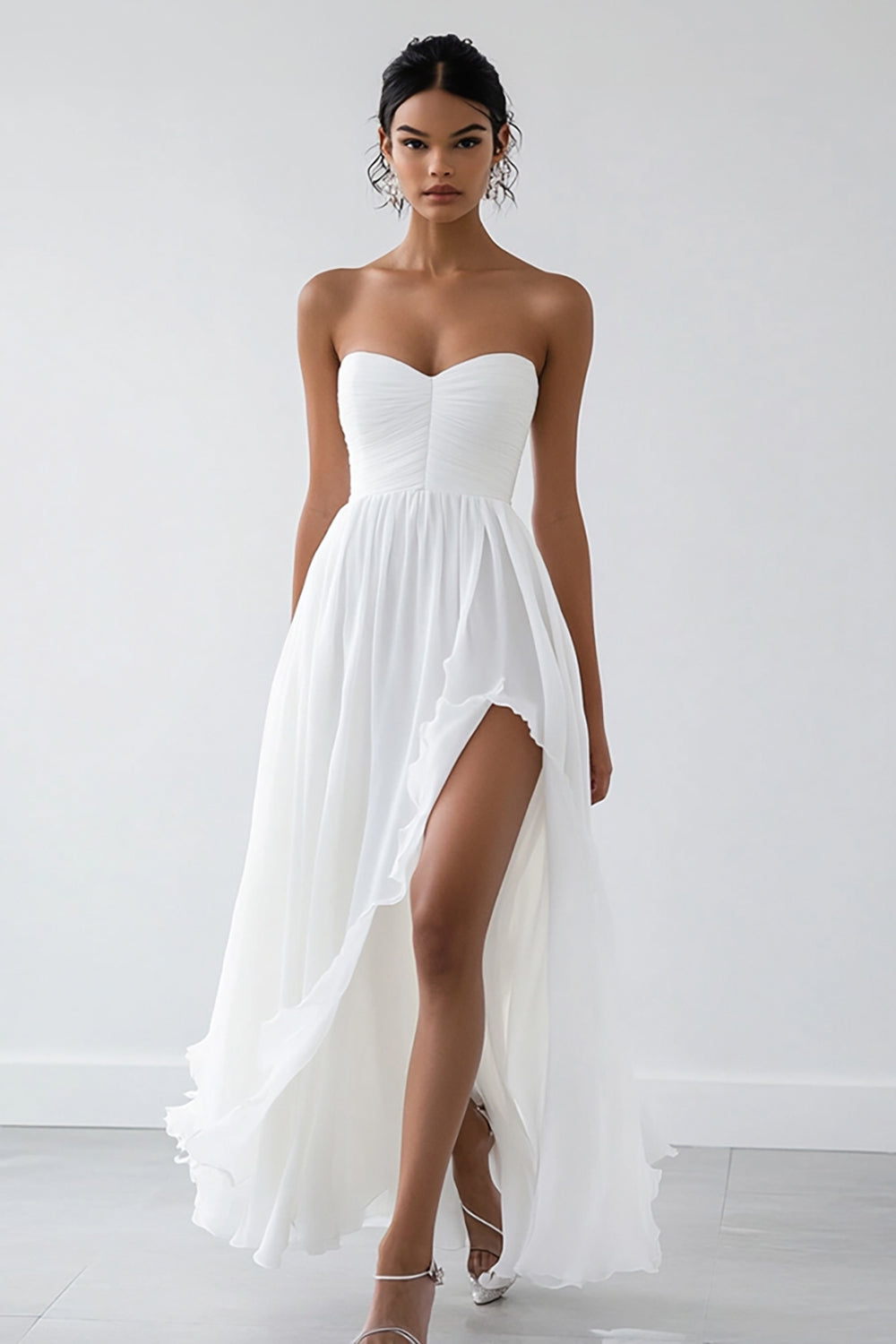 White Chiffon Strapless A Line Long Engagement Dress with Slit