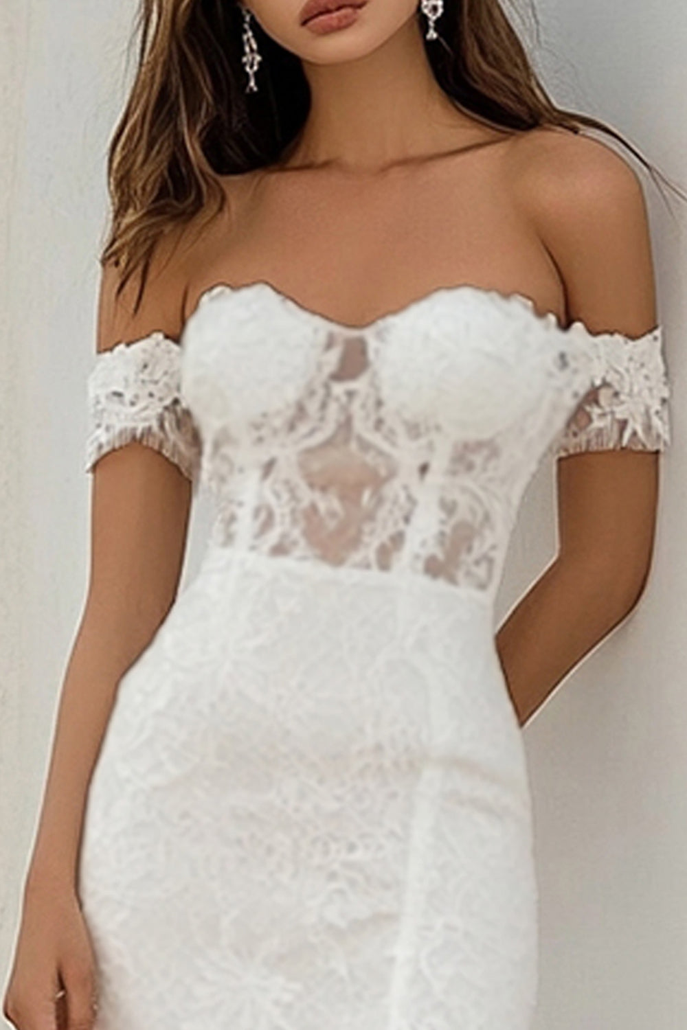 White Lace Sheath Off the Shoulder Long Engagement Dress with Slit