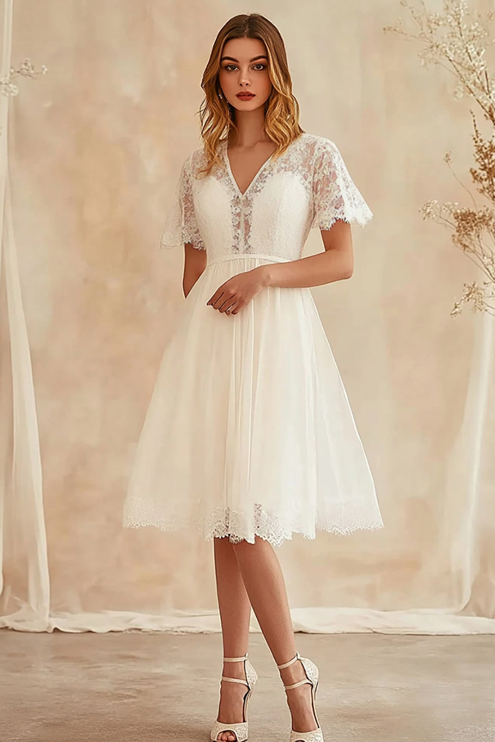 Chiffon Ivory V Neck A Line Midi Graduation Dress with Lace