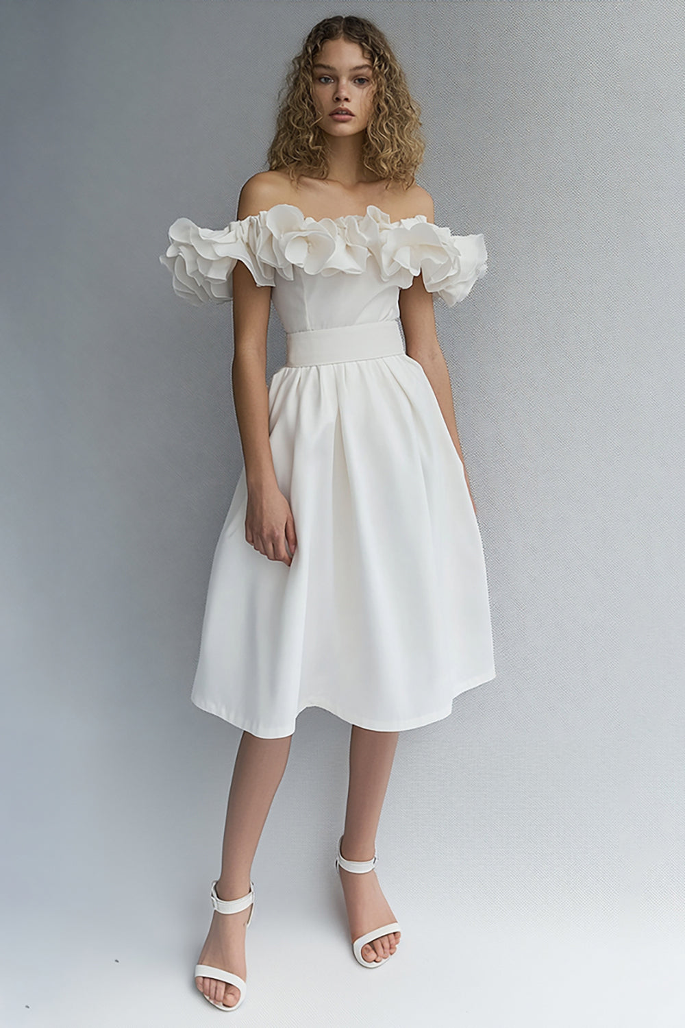 White Off The Shoulder A Line Midi Ruffled Graduation Dress