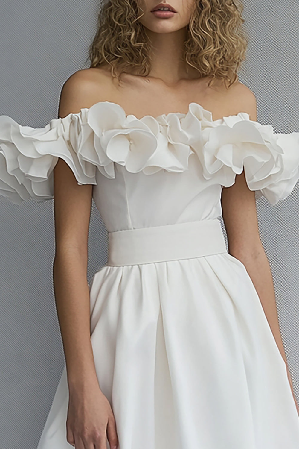 White Off The Shoulder A Line Midi Ruffled Graduation Dress