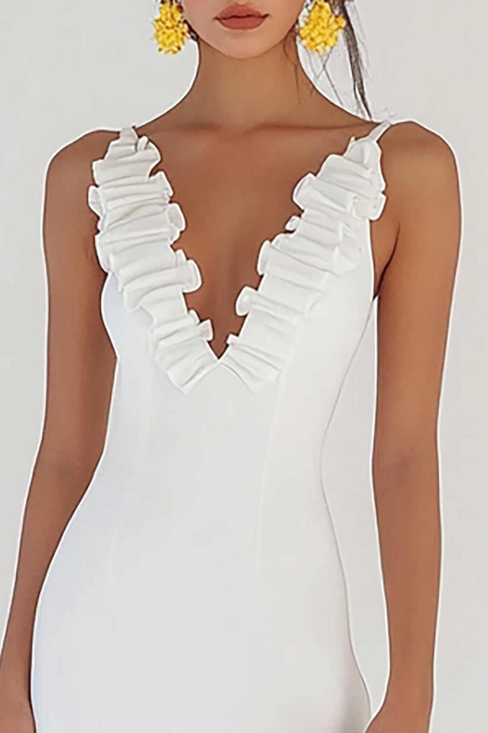 White Satin Deep V-Neck Bodycon Short Graduation Dress with Ruffles