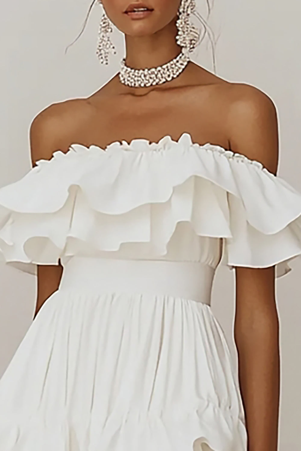 White A Line Off the Shoulder Tiered Short Graduation Dress