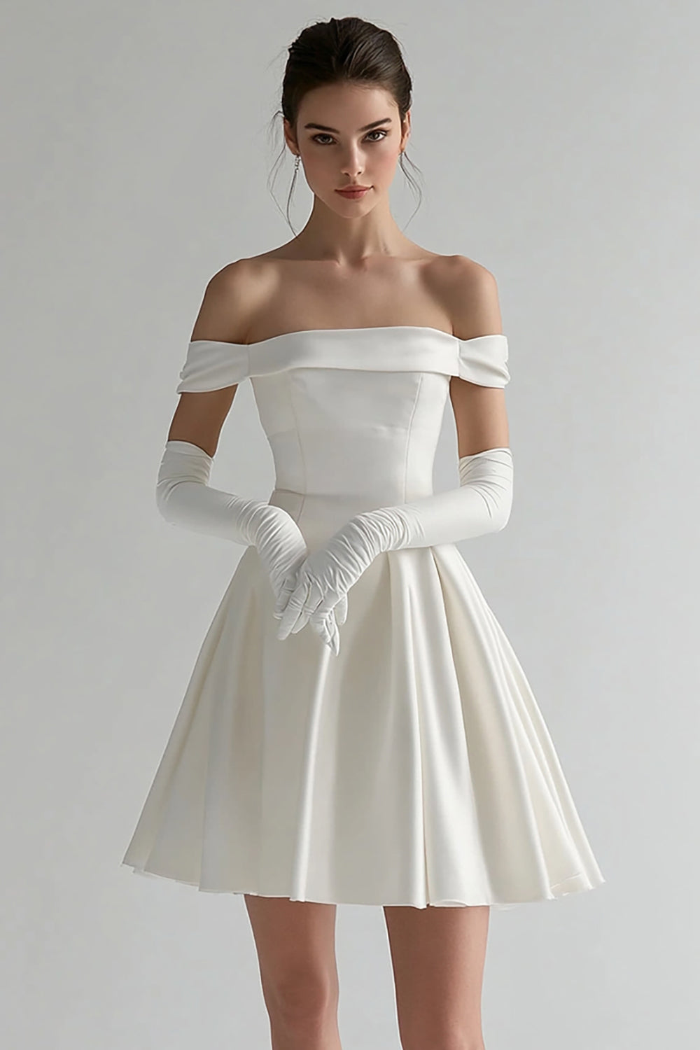 White Satin Off The Shoulder A Line Short Graduation Dress (Gloves are not included)