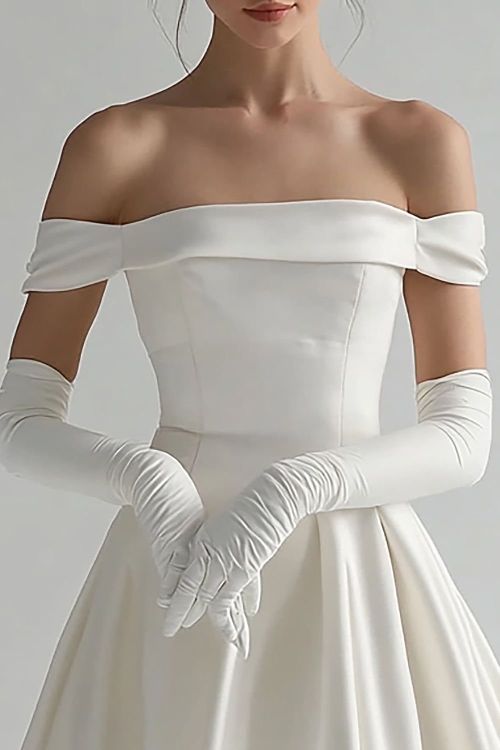 White Satin Off The Shoulder A Line Short Graduation Dress (Gloves are not included)